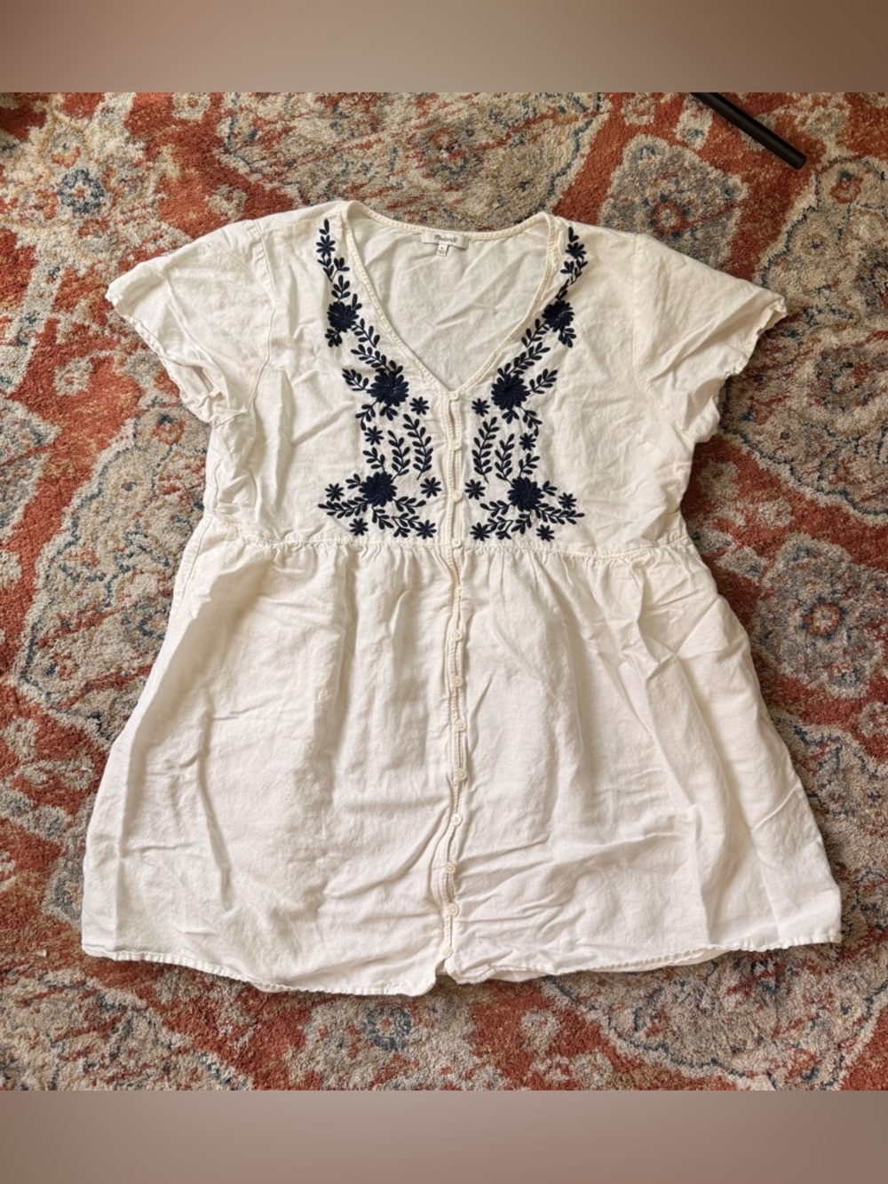 Madewell White Tunic Top with Navy Floral Embroidery